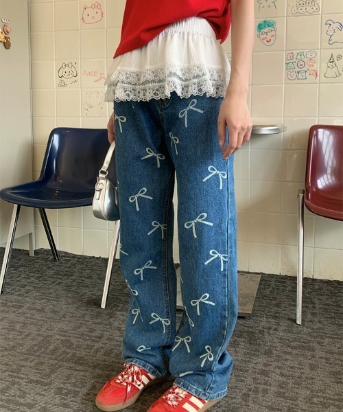 Jasmine】リボン柄デニムパンツ（デニムパンツ）｜Jasmine