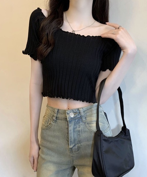 REMUR（レミュール）の「リブトップス メロウフリル ショート丈（Tシャツ/カットソー・レディース・グリーン/ブルー/ホワイト/パープル/ブラック・M）」の11枚目の写真