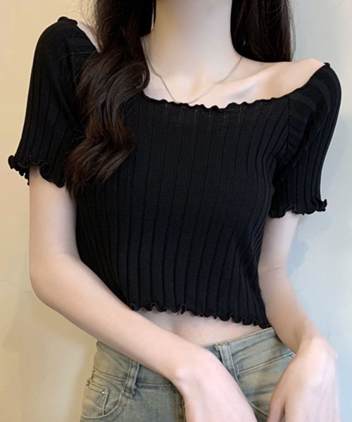 REMUR（レミュール）の「リブトップス メロウフリル ショート丈（Tシャツ/カットソー・レディース・グリーン/ブルー/ホワイト/パープル/ブラック・M）」の12枚目の写真