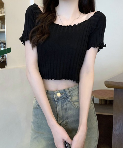 REMUR（レミュール）の「リブトップス メロウフリル ショート丈（Tシャツ/カットソー・レディース・グリーン/ブルー/ホワイト/パープル/ブラック・M）」の13枚目の写真