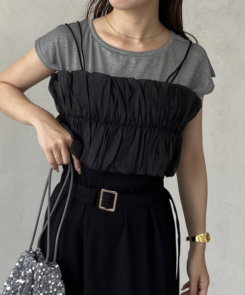 Thevon（ゼボン）の「ギャザービスチェ×ラメシアープルオーバー（Tシャツ/カットソー・レディース・チャコールグレー/ライトグレー/ベージュ・FREE）」の2枚目の写真