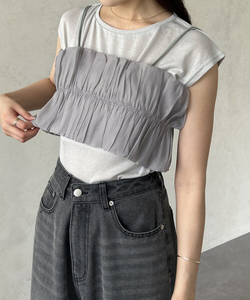 Thevon（ゼボン）の「ギャザービスチェ×ラメシアープルオーバー（Tシャツ/カットソー・レディース・チャコールグレー/ライトグレー/ベージュ・FREE）」の3枚目の写真