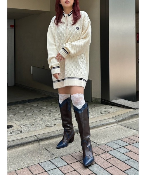 EVRIS（エヴリス）の「【ロング丈】ケーブルSUNNYハーフジップニット（ニット/セーター・レディース・グレー/ブラック/ホワイト/レッド・FREE）」の7枚目の写真