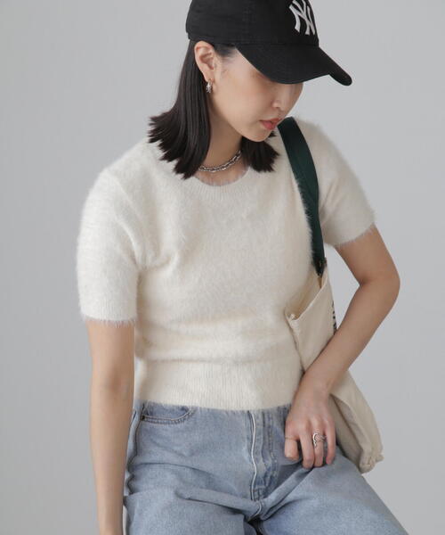 FREE'S MART（フリーズマート）の「◇[6色展開]シャギー半袖ニット（ニット/セーター・レディース・ホワイト/ベージュ/イエロー/グリーン/レッド/ネイビー・FREE）」の11枚目の写真
