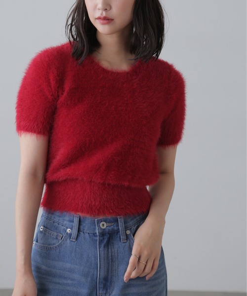 FREE'S MART（フリーズマート）の「◇[6色展開]シャギー半袖ニット（ニット/セーター・レディース・ホワイト/ベージュ/イエロー/グリーン/レッド/ネイビー・FREE）」の6枚目の写真