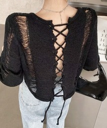 韓国ファッション バックレースアップクロップド丈ダメージシアーニット