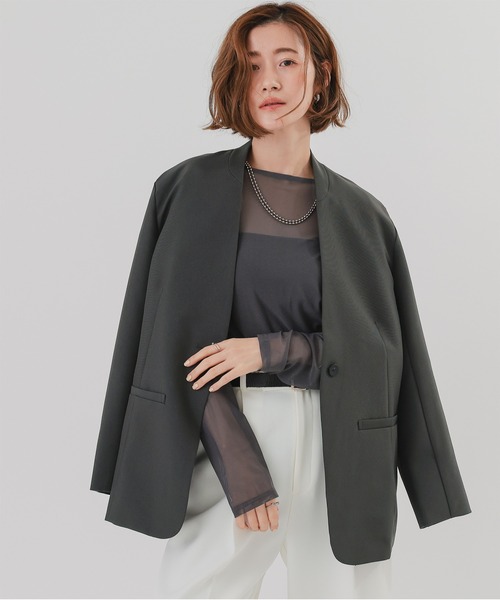 ノーカラーオーバーサイズジャケット ベージュ セール】オーバーサイズノーカラージャケット（ノーカラージャケット