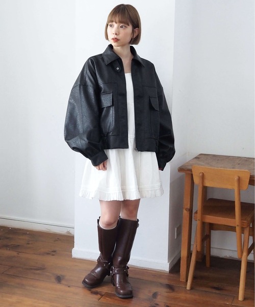 セール】【ヴィンテージ加工】ビッグショート合皮ブルゾン