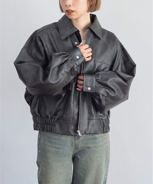★美品★ノースビーチレザー レザーブルゾン ドルマン 変形 クロップド丈 セール】【ヴィンテージ加工】ビッグショート合皮ブルゾン