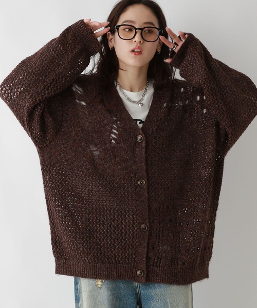 RAGEBLUE(レイジブルー)の「透かし編みダメージラメニットカーディガン(カーディガン/ボレロ・レディース・ブラウン/グレー/ブルー・FREE)」の3枚目の写真
