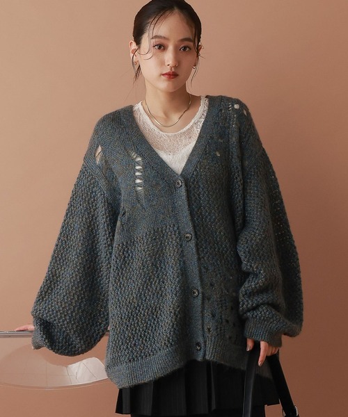 RAGEBLUE(レイジブルー)の「透かし編みダメージラメニットカーディガン(カーディガン/ボレロ・レディース・ブラウン/グレー/ブルー・FREE)」の1枚目の写真