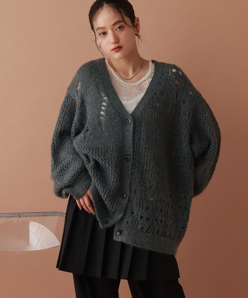 セール】透かし編みダメージラメニットカーディガン（カーディガン