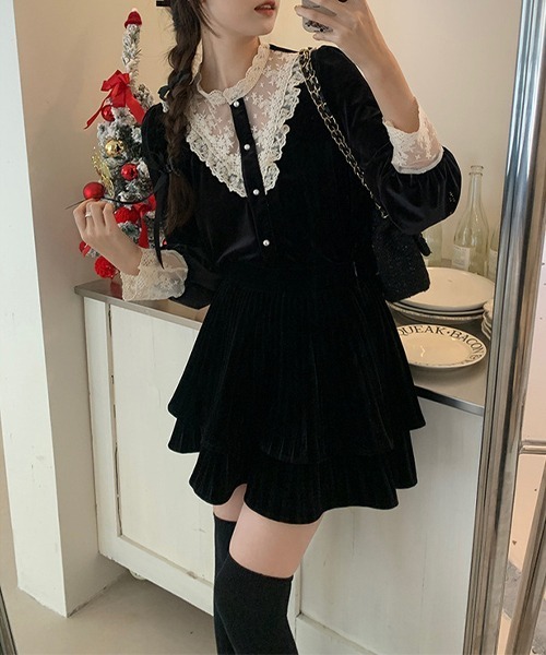 c.u.l(シーユーエル)の「ベロア風 ティアード プリーツミニスカート culw755(スカート・レディース・ブラック・L/M)」の4枚目の写真