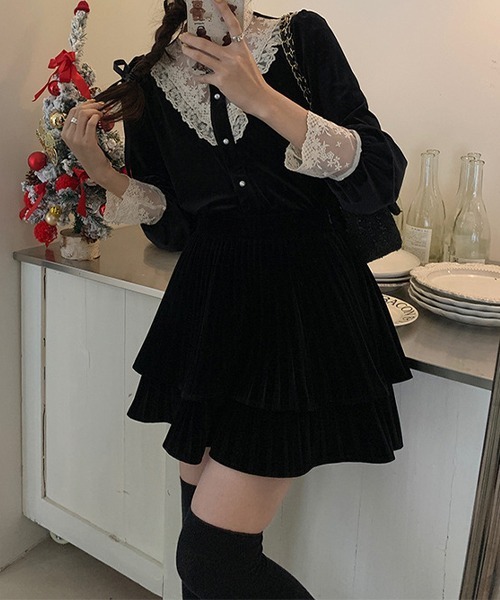 c.u.l(シーユーエル)の「ベロア風 ティアード プリーツミニスカート culw755(スカート・レディース・ブラック・L/M)」の6枚目の写真