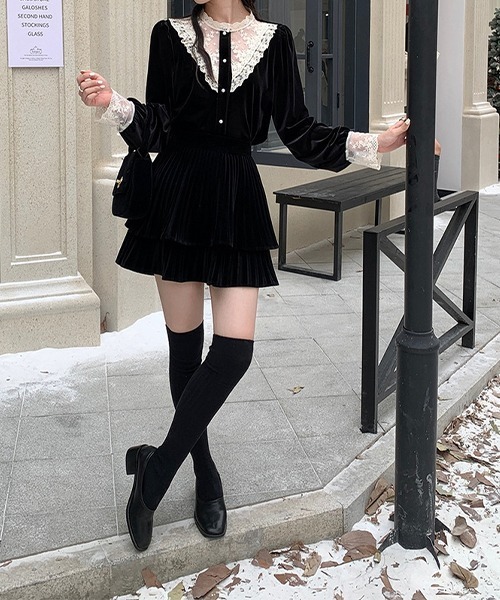 c.u.l(シーユーエル)の「ベロア風 ティアード プリーツミニスカート culw755(スカート・レディース・ブラック・L/M)」の10枚目の写真