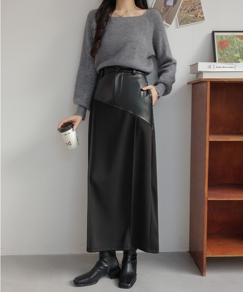 セール】パッチワークロングレザースカート（スカート