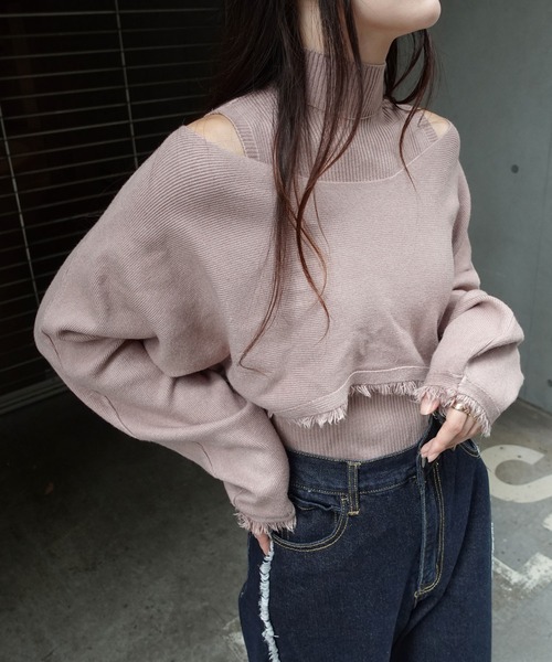 CORNERS(コーナーズ)の「ハイネックノースリニット&フリンジニットセット(ニット/セーター・レディース・カーキ/グレイッシュベージュ/ブラック/オフホワイト・M)」の1枚目の写真