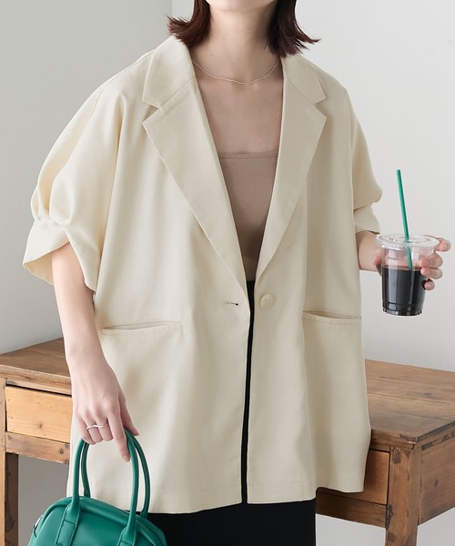BONLECILL（ボンルシール）の「【セットアップ対応】フェイクリネン ボリュームタックスリーブコクーンテーラードジャケット（テーラードジャケット・レディース・チャコールグレー/アイボリー/ブラック/ブラウン/ベージュ・FREE）」の2枚目の写真