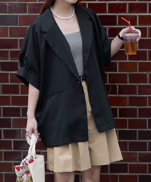 BONLECILL（ボンルシール）の「【セットアップ対応】フェイクリネン ボリュームタックスリーブコクーンテーラードジャケット（テーラードジャケット・レディース・チャコールグレー/アイボリー/ブラック/ブラウン/ベージュ・FREE）」の3枚目の写真