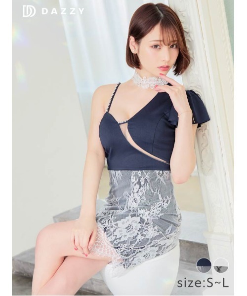 DAZZY(デイジー)の「ワンショルダー レース チョーカー ネック タイト ミニドレス(ドレス・レディース・ブラック×ホワイト/ホワイト×ネイビー・S/M/L)」の6枚目の写真
