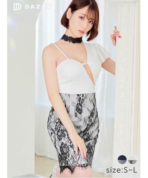 DAZZY(デイジー)の「ワンショルダー レース チョーカー ネック タイト ミニドレス(ドレス・レディース・ブラック×ホワイト/ホワイト×ネイビー・S/M/L)」の3枚目の写真