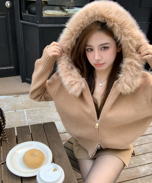 gossip！ロサンゼルス（ゴシップロサンゼルス）の「Y2K エコファー  ニット フード パーカー（パーカー・レディース・ブラック/グレー/オフホワイト/ブラウン/ピンク/ブルー・FREE）」の5枚目の写真