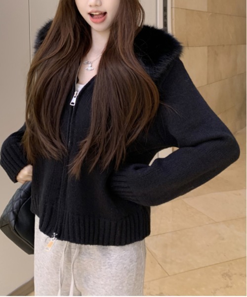 gossip！ロサンゼルス（ゴシップロサンゼルス）の「Y2K エコファー  ニット フード パーカー（パーカー・レディース・ブラック/グレー/オフホワイト/ブラウン/ピンク/ブルー・FREE）」の10枚目の写真