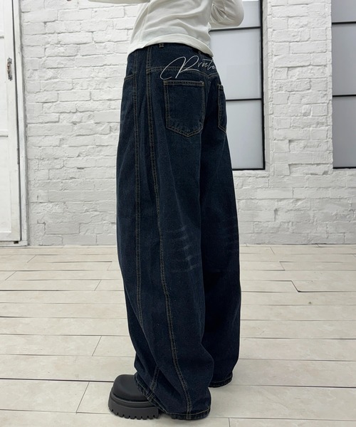 セール】バック刺繍ロゴ バレルレッグ ルーズワイドデニムパンツ