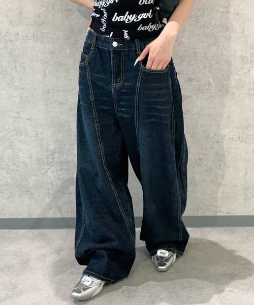 ストリート風 バックロゴ デニムパンツ M セール】バック刺繍ロゴ バレルレッグ ルーズワイドデニムパンツ