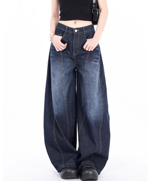 セール】バック刺繍ロゴ バレルレッグ ルーズワイドデニムパンツ