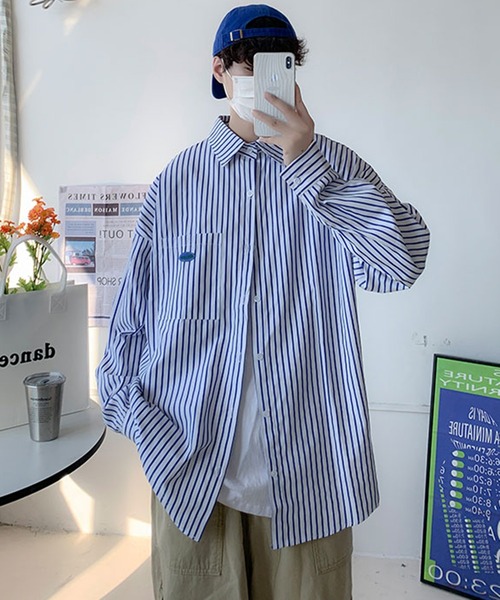 BENDER TOKYO】オーバーサイズ ワンポイントロゴ ストライプシャツ