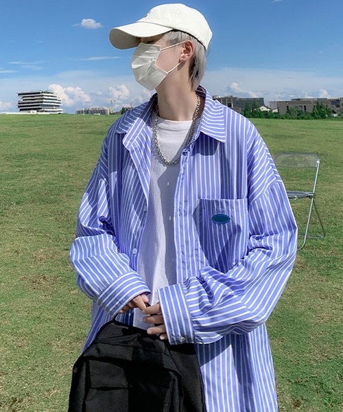 BENDER TOKYO】オーバーサイズ ワンポイントロゴ ストライプシャツ