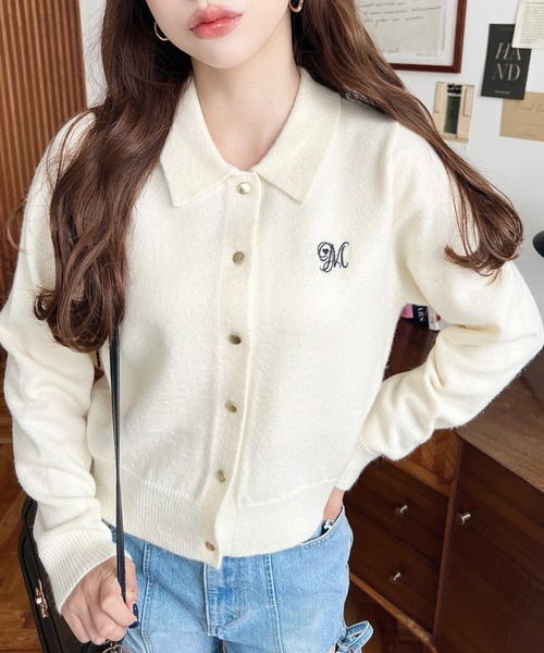 セール】刺繍入り金ボタン衿付きカーディガン（カーディガン/ボレロ