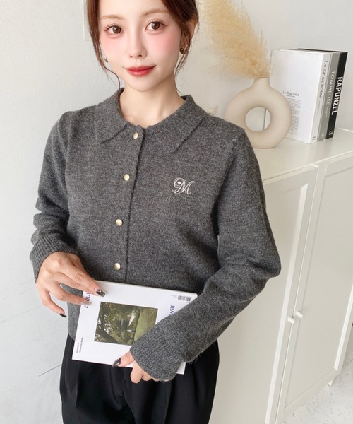 セール】刺繍入り金ボタン衿付きカーディガン（カーディガン/ボレロ