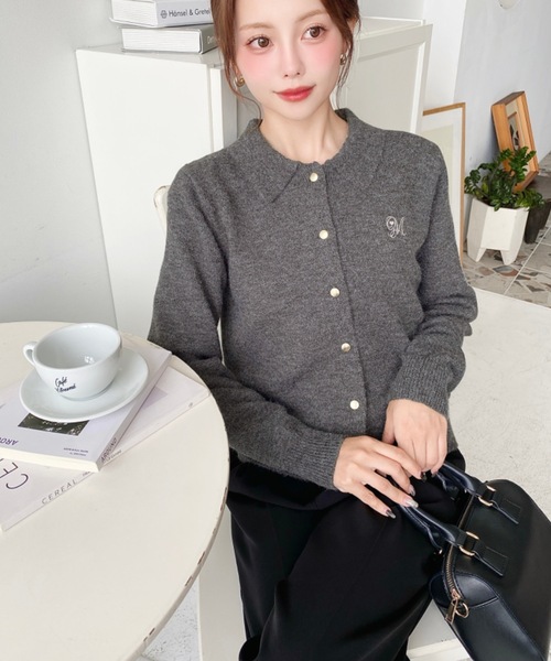 セール】刺繍入り金ボタン衿付きカーディガン（カーディガン/ボレロ