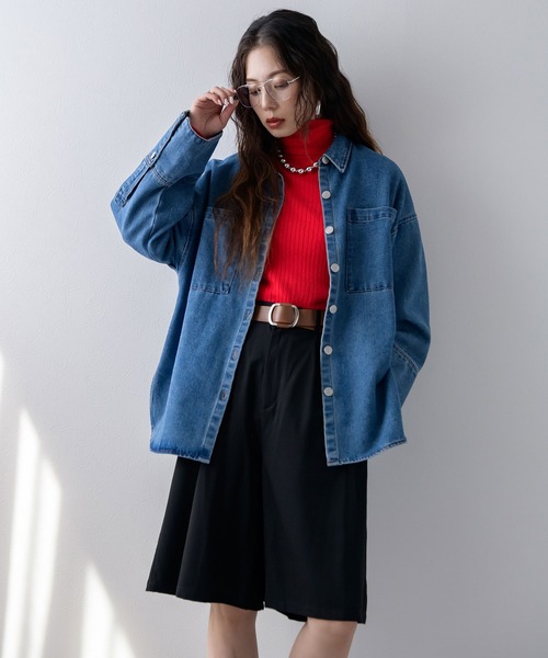 セール】オーバーサイズカフスデザインデニムシャツジャケット（デニム
