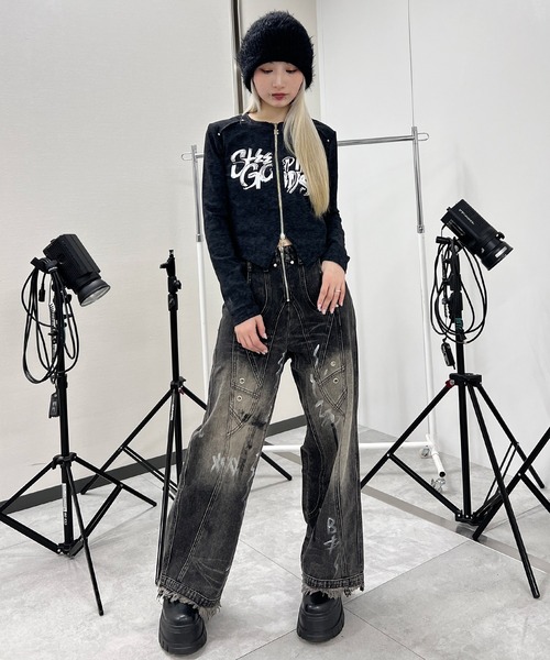Figments(フィグメンツ)の「ダブルZIPロゴトップス(Tシャツ/カットソー・レディース・チャコールグレー/ブラック・FREE)」の4枚目の写真