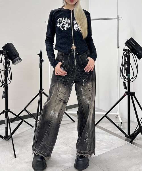 Figments(フィグメンツ)の「ダブルZIPロゴトップス(Tシャツ/カットソー・レディース・チャコールグレー/ブラック・FREE)」の5枚目の写真