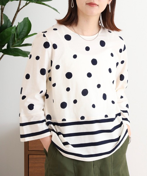 tシャツ BRODIAEA 抜染プリント 柄切替カットソー ７分袖プルオーバー日本製 レディース セール】BRODIAEA 抜染プリント 柄切替カットソー 7分袖プル