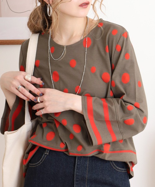 tシャツ BRODIAEA 抜染プリント 柄切替カットソー ７分袖プルオーバー日本製 レディース セール】BRODIAEA 抜染プリント 柄切替カットソー 7分袖プル