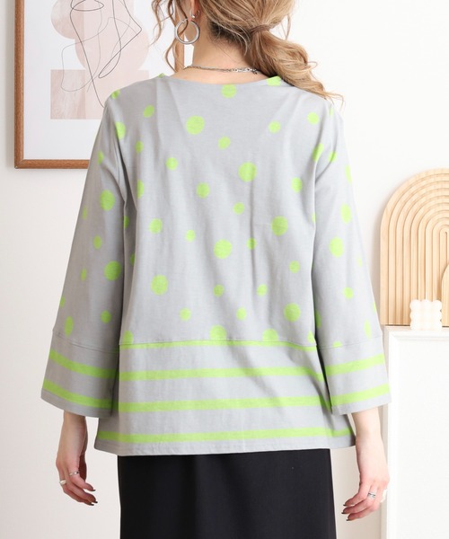 tシャツ BRODIAEA 抜染プリント 柄切替カットソー ７分袖プルオーバー日本製 レディース セール】BRODIAEA 抜染プリント 柄切替カットソー 7分袖プル
