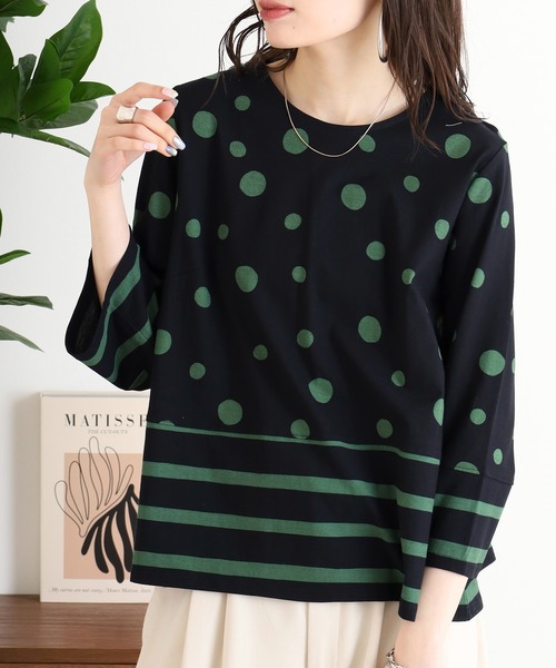 tシャツ BRODIAEA 抜染プリント 柄切替カットソー ７分袖プルオーバー日本製 レディース セール】BRODIAEA 抜染プリント 柄切替カットソー 7分袖プル