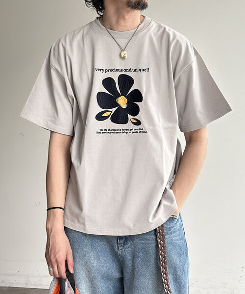 MEDM Tシャツ 綿 刺繍 ヒマワリ ロゴ カジュアル 夏 男女兼用 フロントフラワー刺繍T（Tシャツ/カットソー）｜CPCM（シーピー
