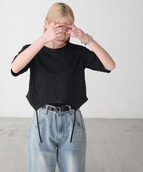 forksy.(フォルクシー)の「【forksy.】ハートジャガード 裾デザイン 半袖トップス(Tシャツ/カットソー・レディース・ブラック/アイボリー・FREE)」の2枚目の写真