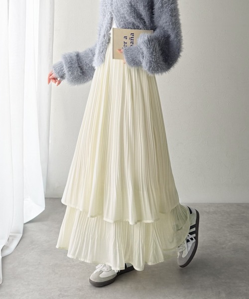 ♡Layered Frilled Satin Skirt - ecru / M♡ セール】ゆらりシルエットなびく。プリーツシアーティアードスカート