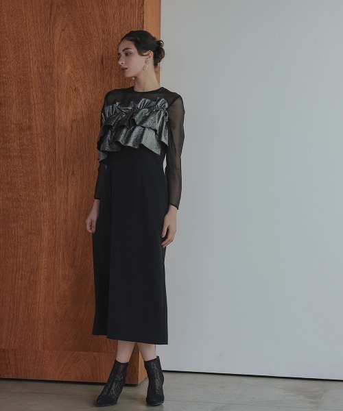 Callarus（カラルス）の「アシメジャガードフリルデザインワンピースドレス〔Callarus〕（ドレス・レディース・グリーン系その他/ブラック系その他/ブラック×シルバー・M/LL/L）」の6枚目の写真