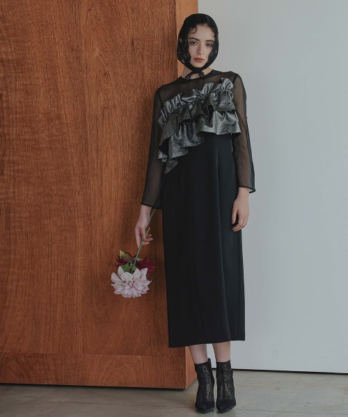 Callarus（カラルス）の「アシメジャガードフリルデザインワンピースドレス〔Callarus〕（ドレス・レディース・グリーン系その他/ブラック系その他/ブラック×シルバー・M/LL/L）」の7枚目の写真
