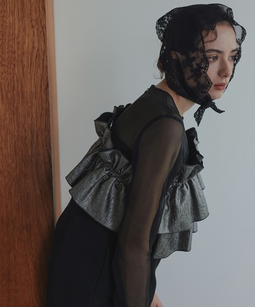 Callarus（カラルス）の「アシメジャガードフリルデザインワンピースドレス〔Callarus〕（ドレス・レディース・グリーン系その他/ブラック系その他/ブラック×シルバー・M/LL/L）」の8枚目の写真