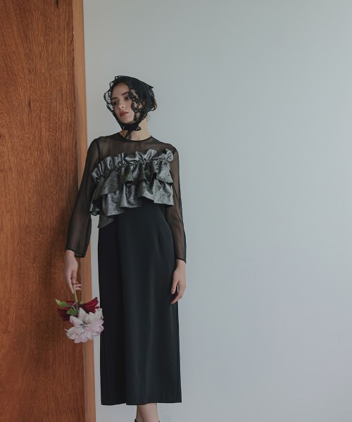 Callarus（カラルス）の「アシメジャガードフリルデザインワンピースドレス〔Callarus〕（ドレス・レディース・グリーン系その他/ブラック系その他/ブラック×シルバー・M/LL/L）」の10枚目の写真