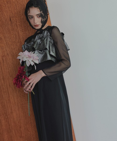 Callarus（カラルス）の「アシメジャガードフリルデザインワンピースドレス〔Callarus〕（ドレス・レディース・グリーン系その他/ブラック系その他/ブラック×シルバー・M/LL/L）」の11枚目の写真